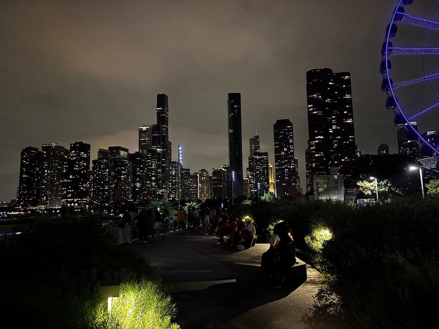 Chicago skyline with an illuminated Ferris wheel at night
