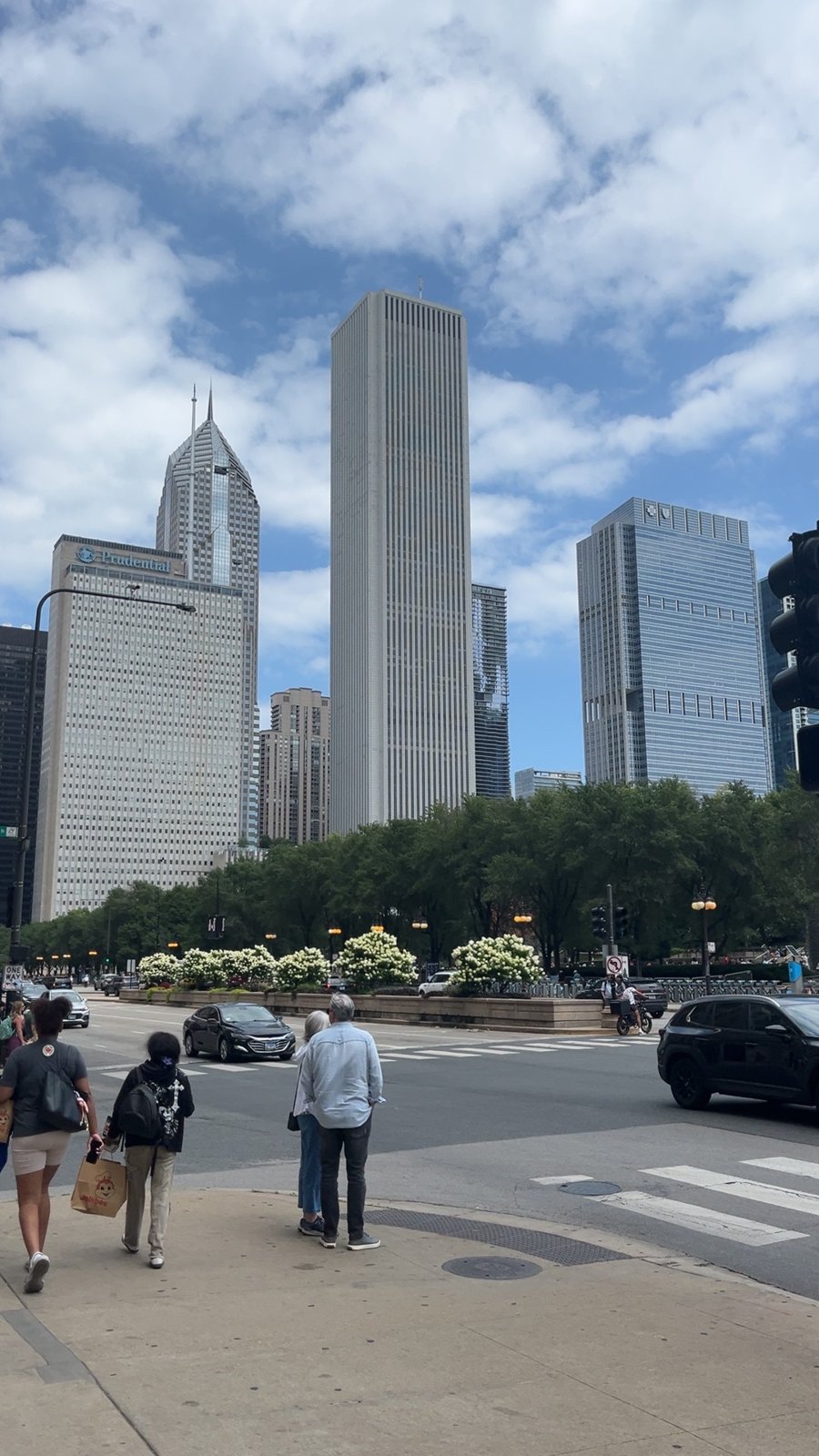 Downtown Chicago skyscrapers and pedestrians
